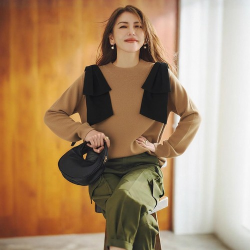 ZG1700~超人气！Ogg1 x n01leys杂志合作款 肩部蝴蝶结装饰针织衫