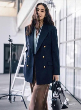 华尔街高智女绅士 MO家 经典戗驳领 大气金色浮雕双排扣西装外套