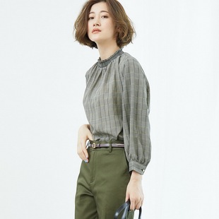 爆美！R0pe家 怀旧的复古味道 木耳边立领宽松格纹印花套头衬衫