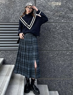 苏格兰格纹压褶A字毛呢半身裙 复古文艺学院风 复刻经典 M家爆款