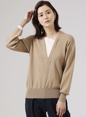 2.2W+三阳高端C@ST肌肤冷触感柔软垂坠高弹 撞色V领拼接针织衫