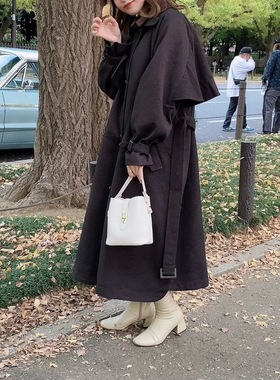 压轴款！FRE@KS 21AW 飒美气质 立领防风系带收腰裙摆式毛呢大衣