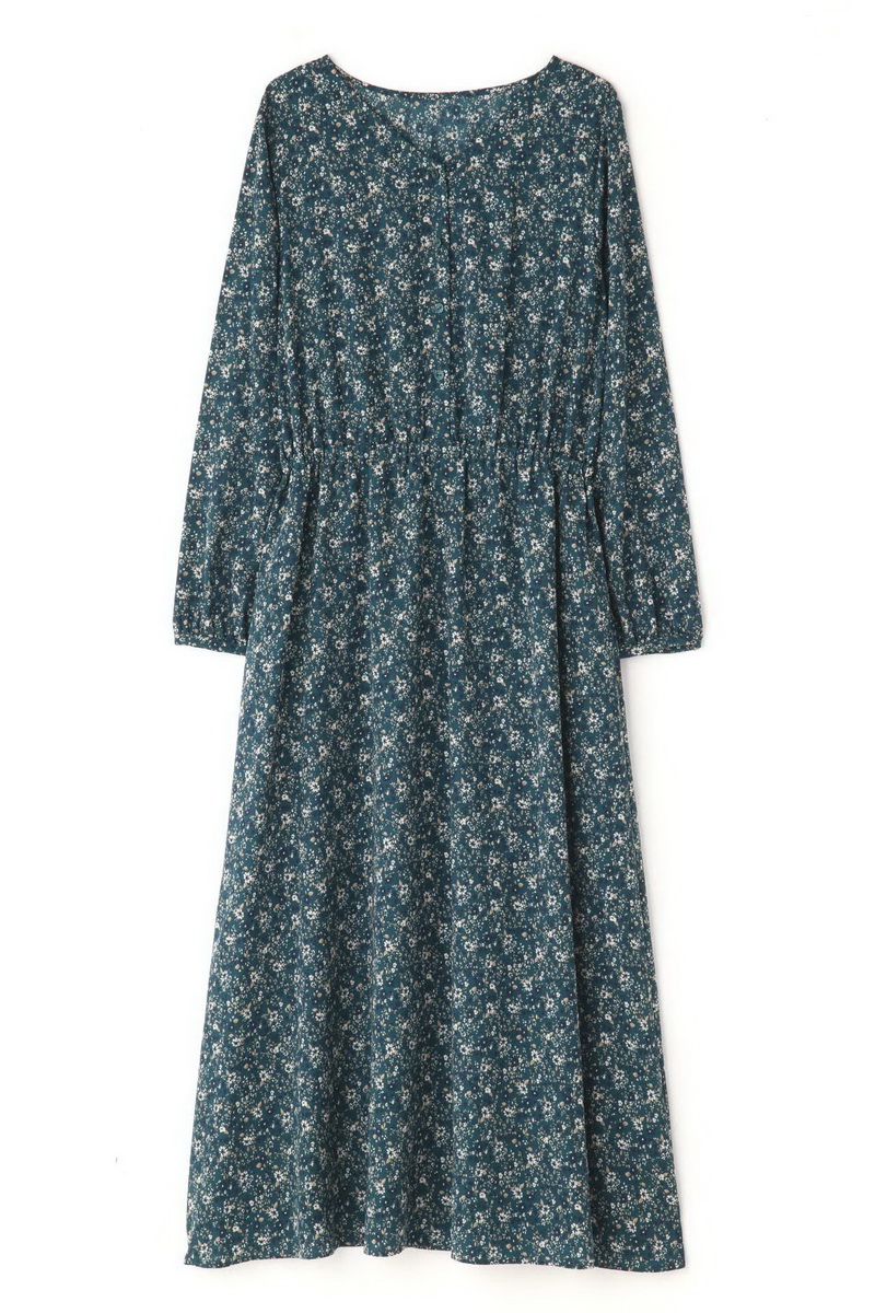 复古收腰加内衬印花V领连衣裙