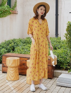 N1K 复古印花V领收腰衬衫 21夏 法式 连衣裙 俏丽小女人 大人气爆款