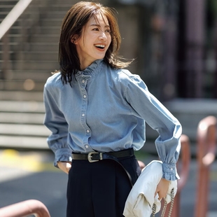 百搭牛仔衬衫 Max王炸 顺滑垂坠棉混纺荷叶边立领长袖 好 肤感超