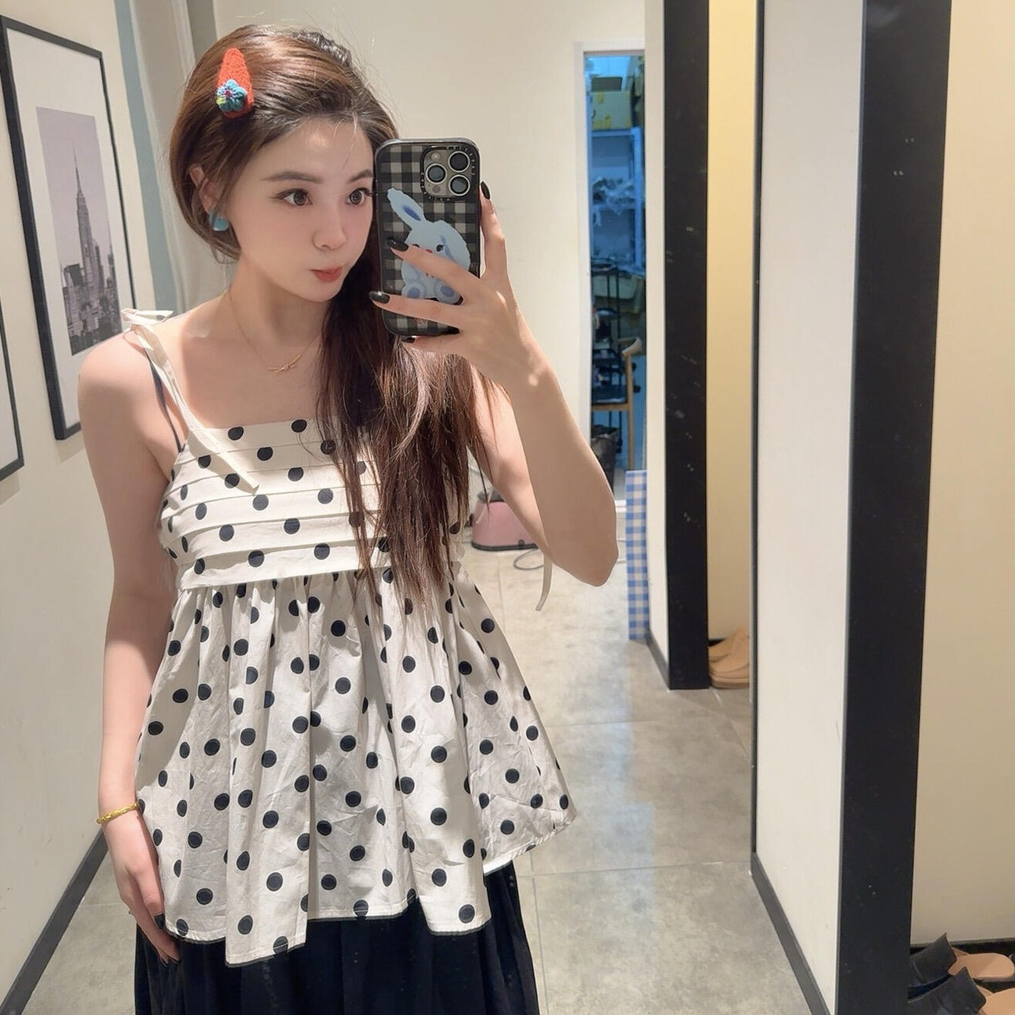 巨藏肉~M巨高人气款 清甜少女感 复古波点方领褶皱纯棉娃娃吊带衫