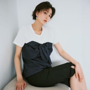 法国女作家 触感凉爽 双材拼接 BIG蝴蝶结设计收腰荷叶边衬衫上衣