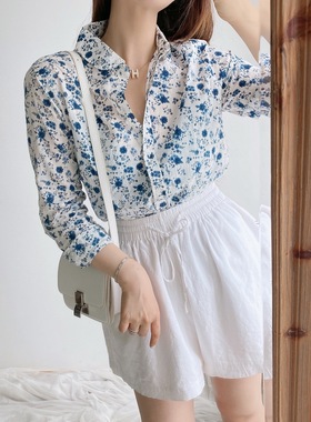 氛围美人~客供英国L1berty艺术面料 碎花娃娃领纯棉长袖衬衫