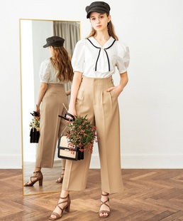 立体对称双褶百搭休闲阔腿直筒裤 梨型身材福音 N0e1a 美人百花款