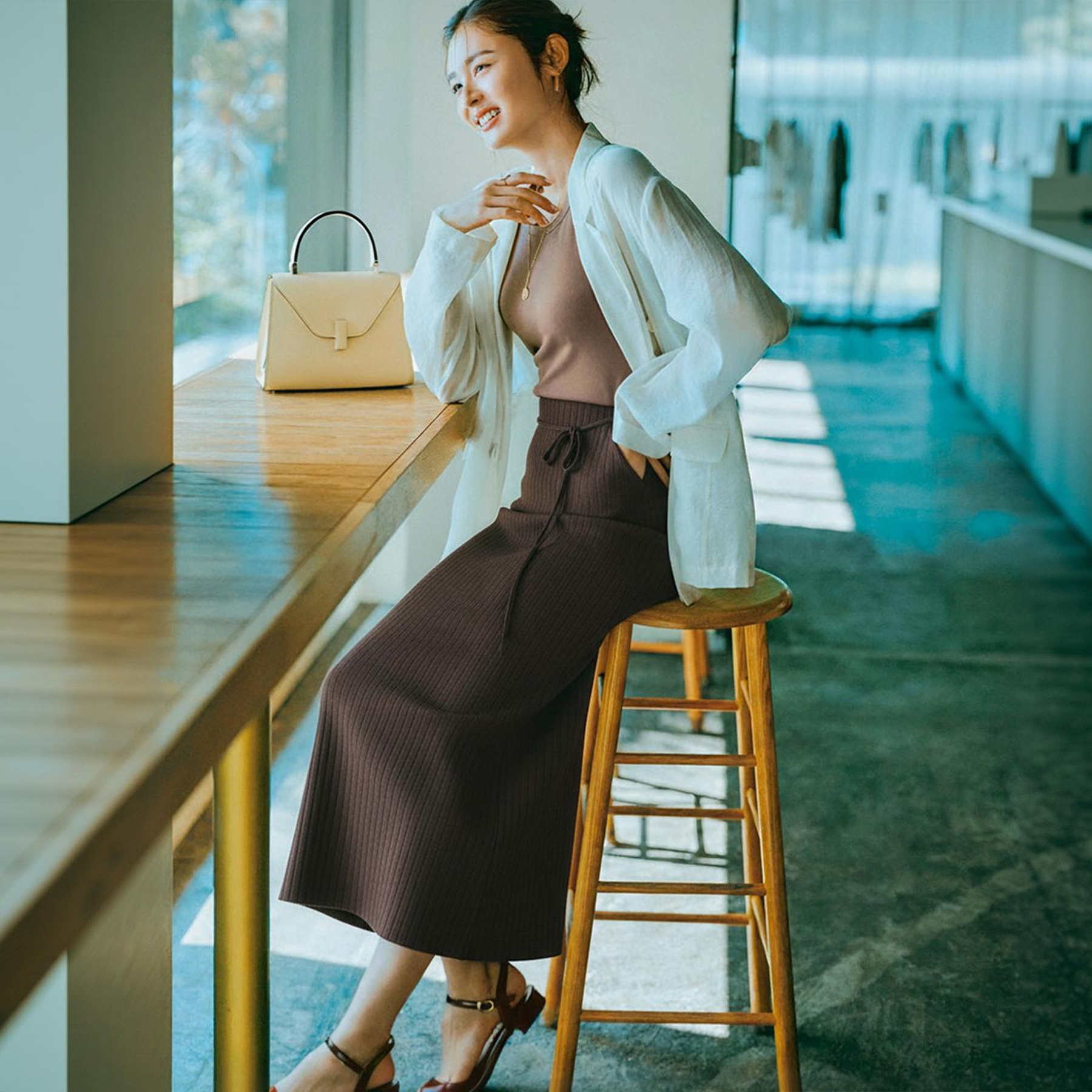 OL高频穿搭 MO家 高密罗纹好质感系带高腰针织包臀铅笔裙半身裙