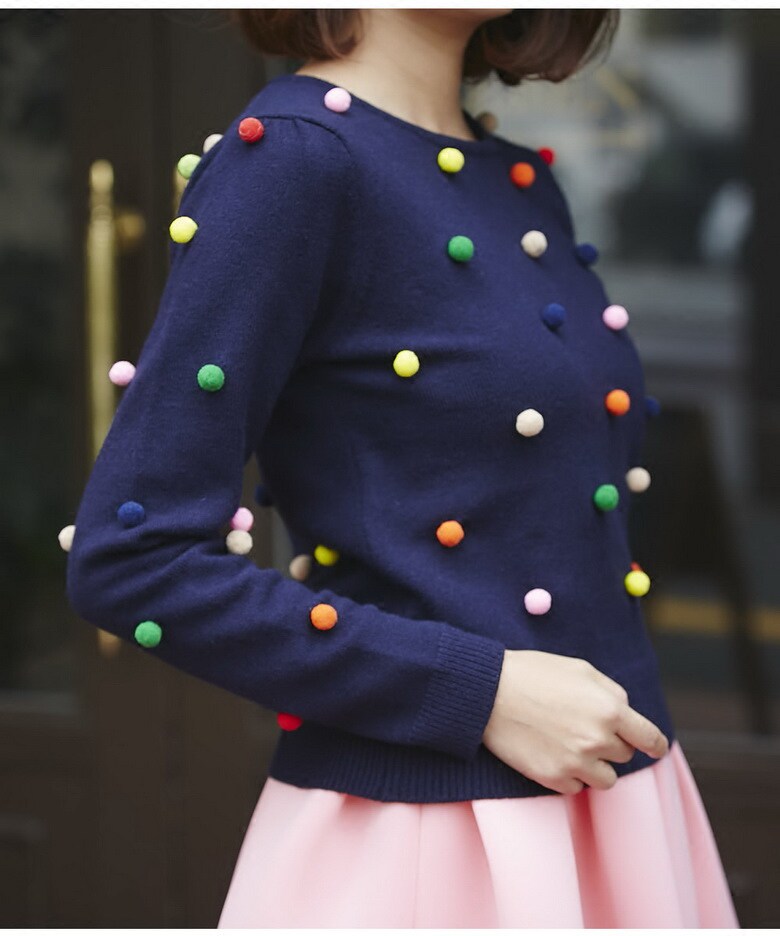 限实8折~21aw俏皮活力 纯手工3D立体七彩球球装饰 圆领套头针织衫