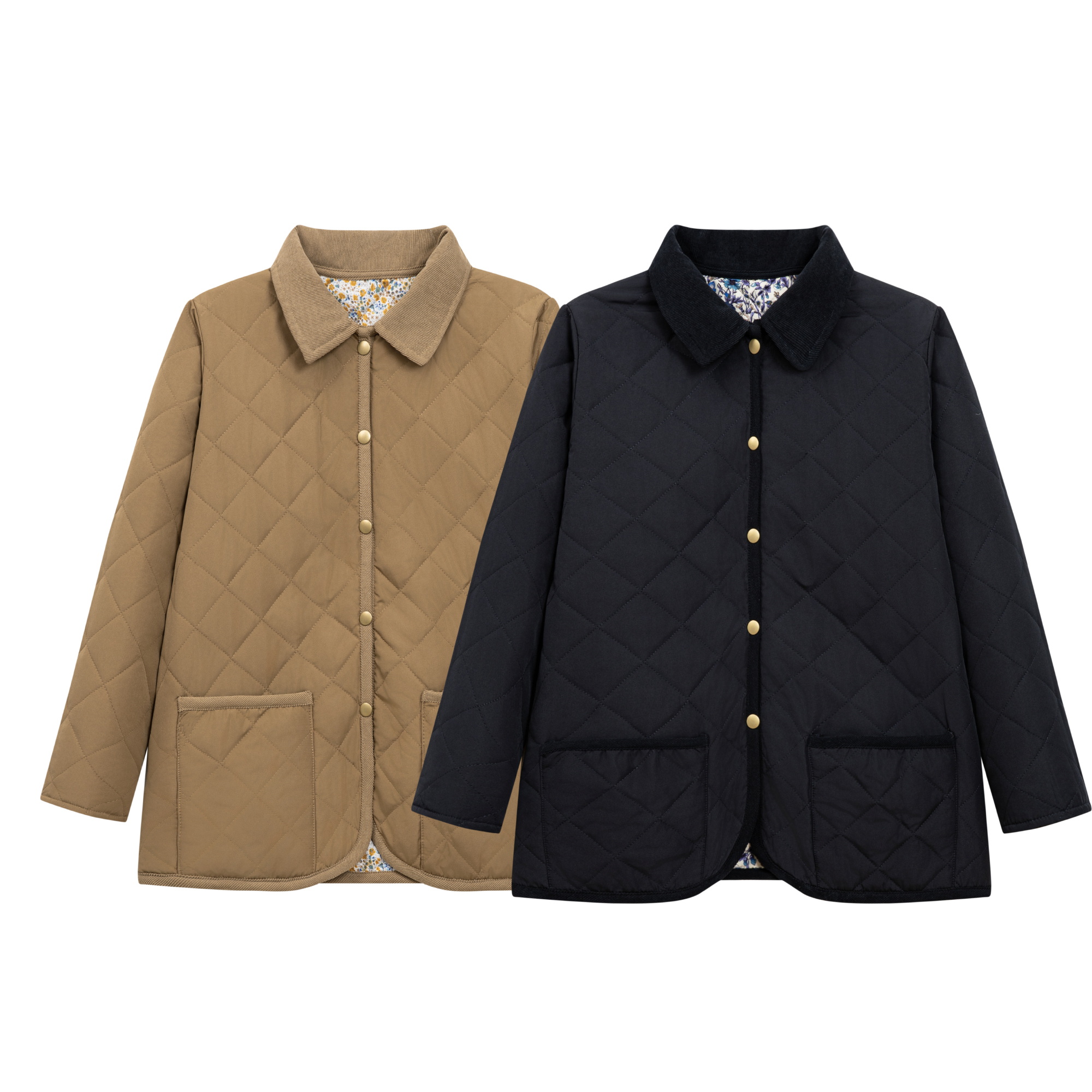 小众高端 客供琎口1iberty荃棉花里衬菱格绗缝灯芯绒翻领棉衣外套