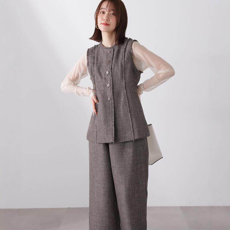 1.7w+N家 气质减龄LOOK 麻调流苏分割解构马夹+打褶直筒裤 套装