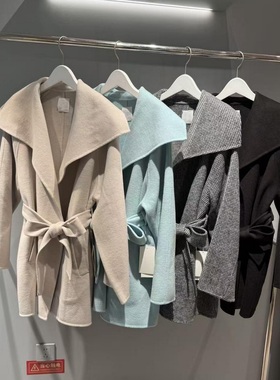 g1460~MO家 超细高密羊毛 披肩大翻领 手缝双面呢腰带大衣外套