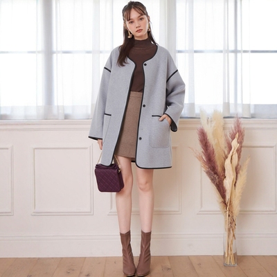 宽松皮革包边中长呢大衣外套