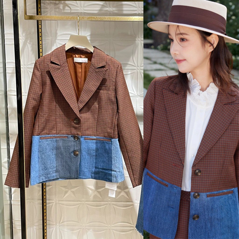 【反季折扣】LB+焕新色彩穿搭 法式气质羊毛混纺千鸟格拼牛仔西装