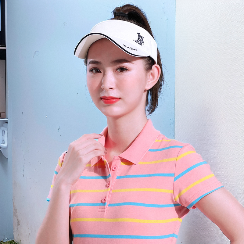 纯棉条纹高档t恤女短袖夏季运动polo衫中年妈妈翻领体恤大码女装
