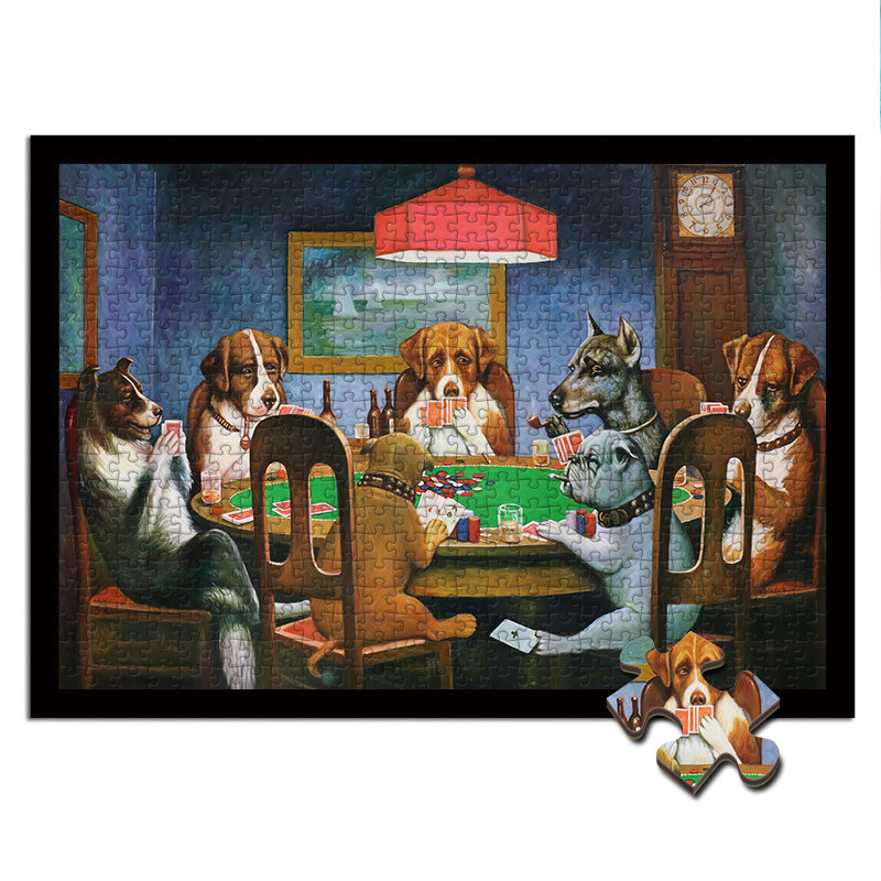 木质拼图300/500/1000片大型高难度成年人减压经典油画狗狗玩扑克