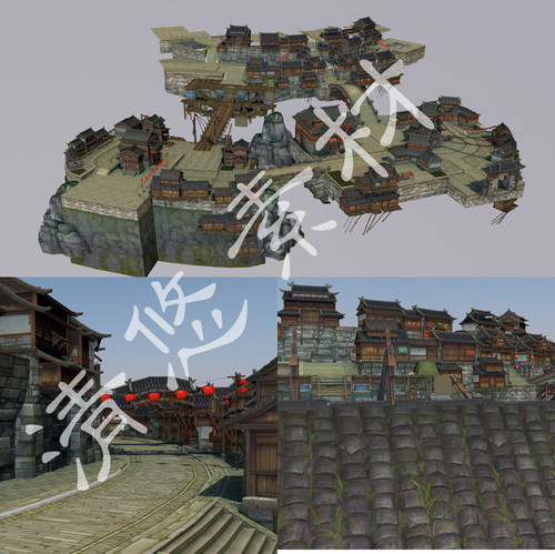 古镇衡山城游戏场景街道木船古建筑3dmax c4d模型fbx格式低模 392
