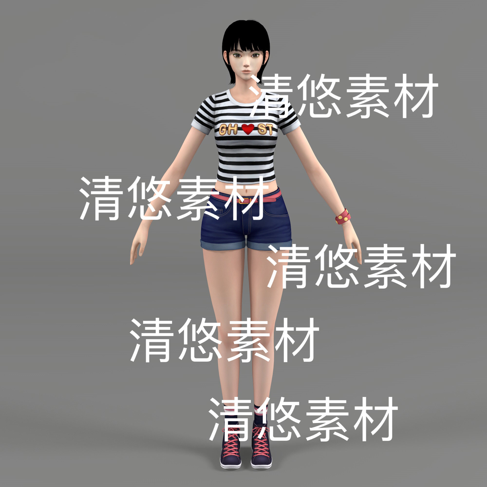骨骼面部绑定c4d fbx格式现代夏日短装妹子女人物文件 非实物D762