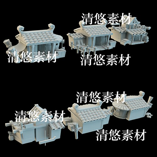 3个 maya 3dmax c4d fbx古代Q版卡通建筑房子模型文件 非实物A900
