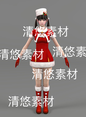 c4d fbx格式骨骼面部绑定红色圣诞节服饰人物女生文件 非实物D510