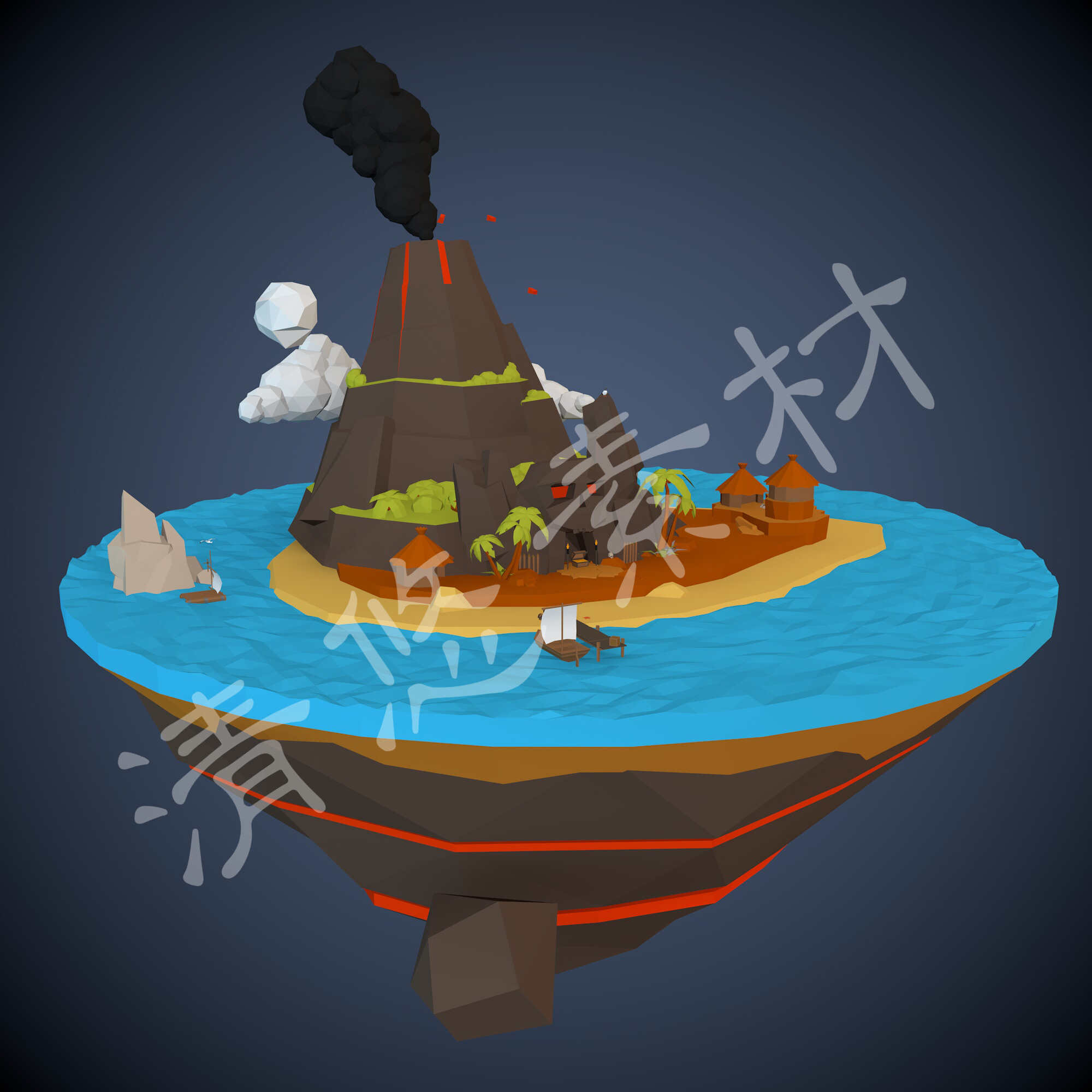 低面多边形卡通Low Poly小岛场景maya c4d fbx海边火山船模型922