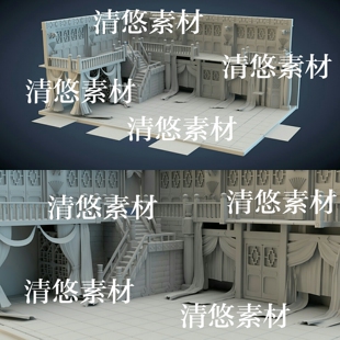 obj格式 3dmax c4d fbx 非实物A831 古代室内场景阶梯帘子护栏文件