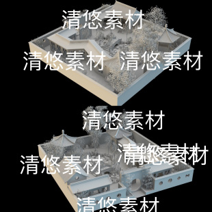3ds格式 c4d fbx obj 非实物B700 古风建筑后院围墙石桥亭子景文件