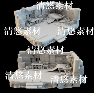 maya c4d fbx obj古代卡通房间室内场景火堆床模型文件 非实物B11