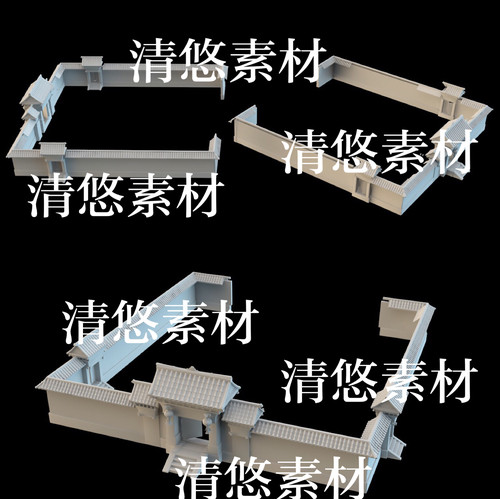 maya c4d fbx obj古代卡通风大门围墙灯笼瓦模型文件 非实物B25