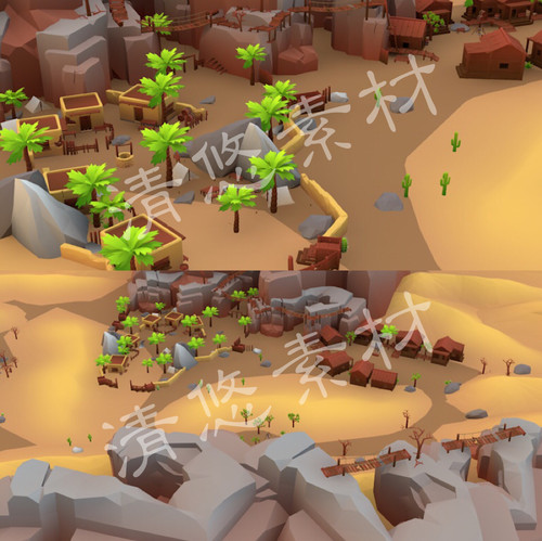 maya c4d fbx场景模型卡通阿拉伯沙漠多边形岩石树木房子村庄987
