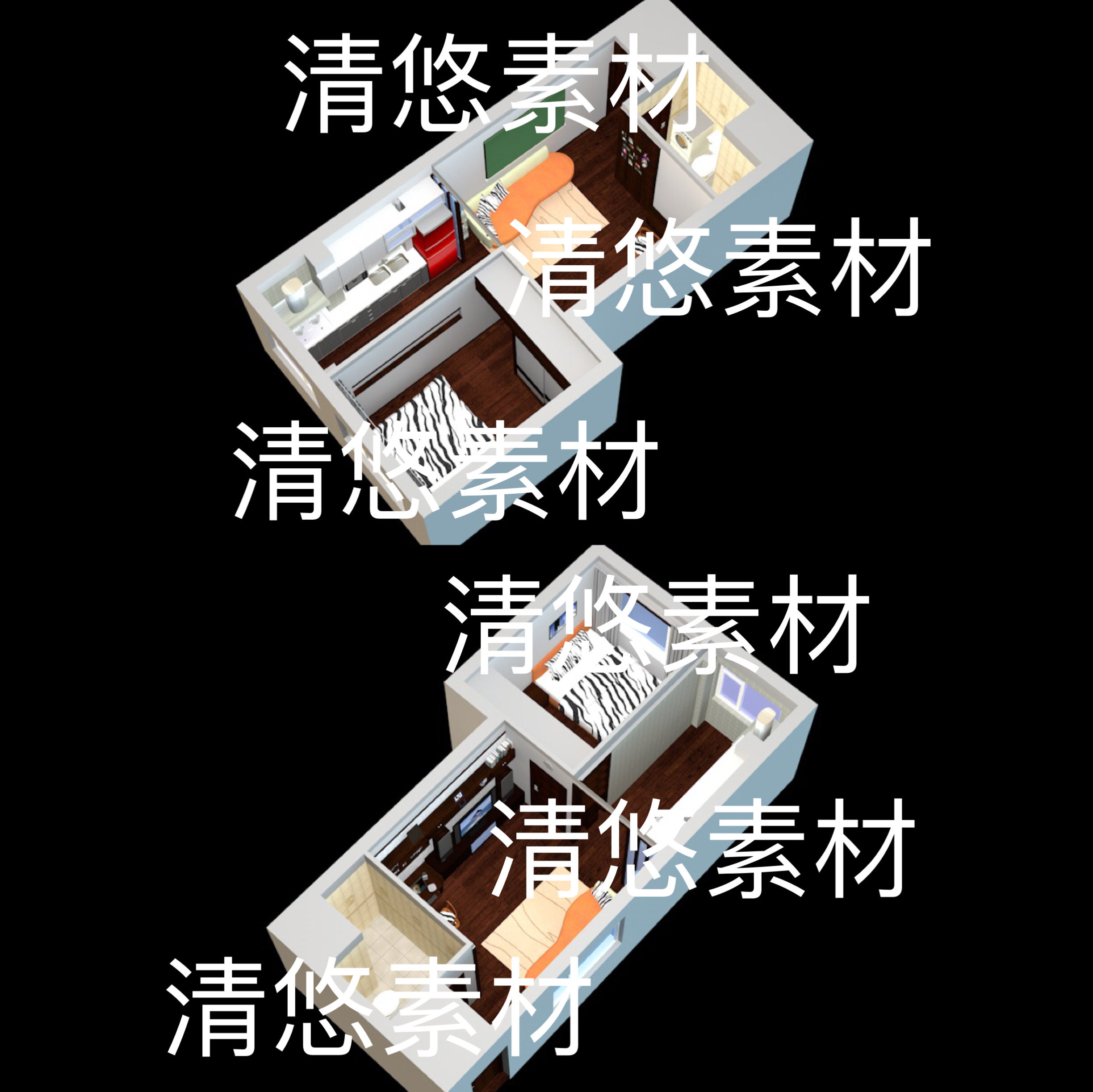 c4d fbx obj格式现代室内场景一室一厅厨房厕所文件 非实物B722