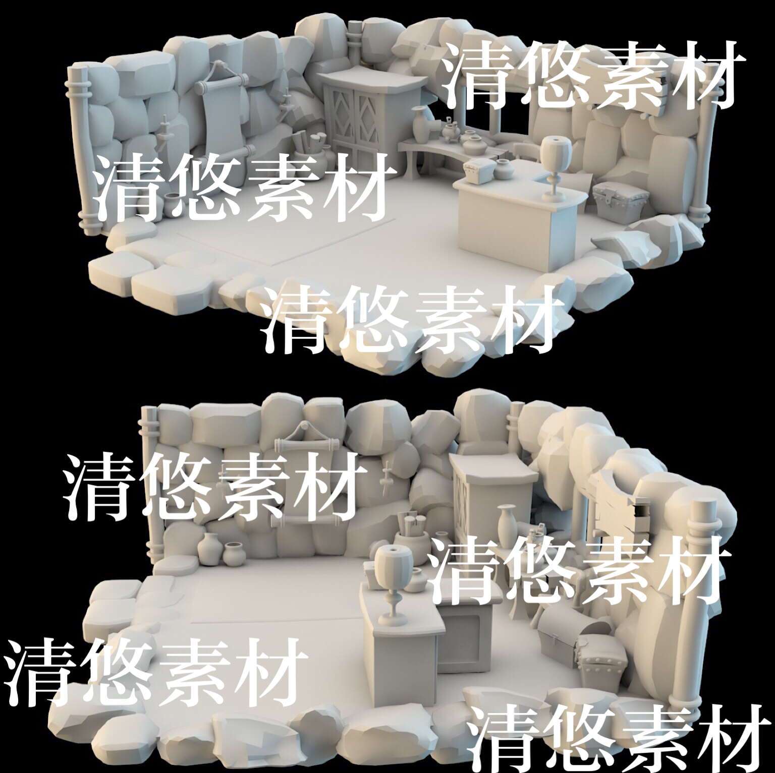 maya c4d fbx obj古代卡通石屋室内柜台瓶场景模型文件 非实物B7