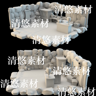 maya fbx obj古代卡通石屋室内柜台瓶场景模型文件 非实物B7 c4d