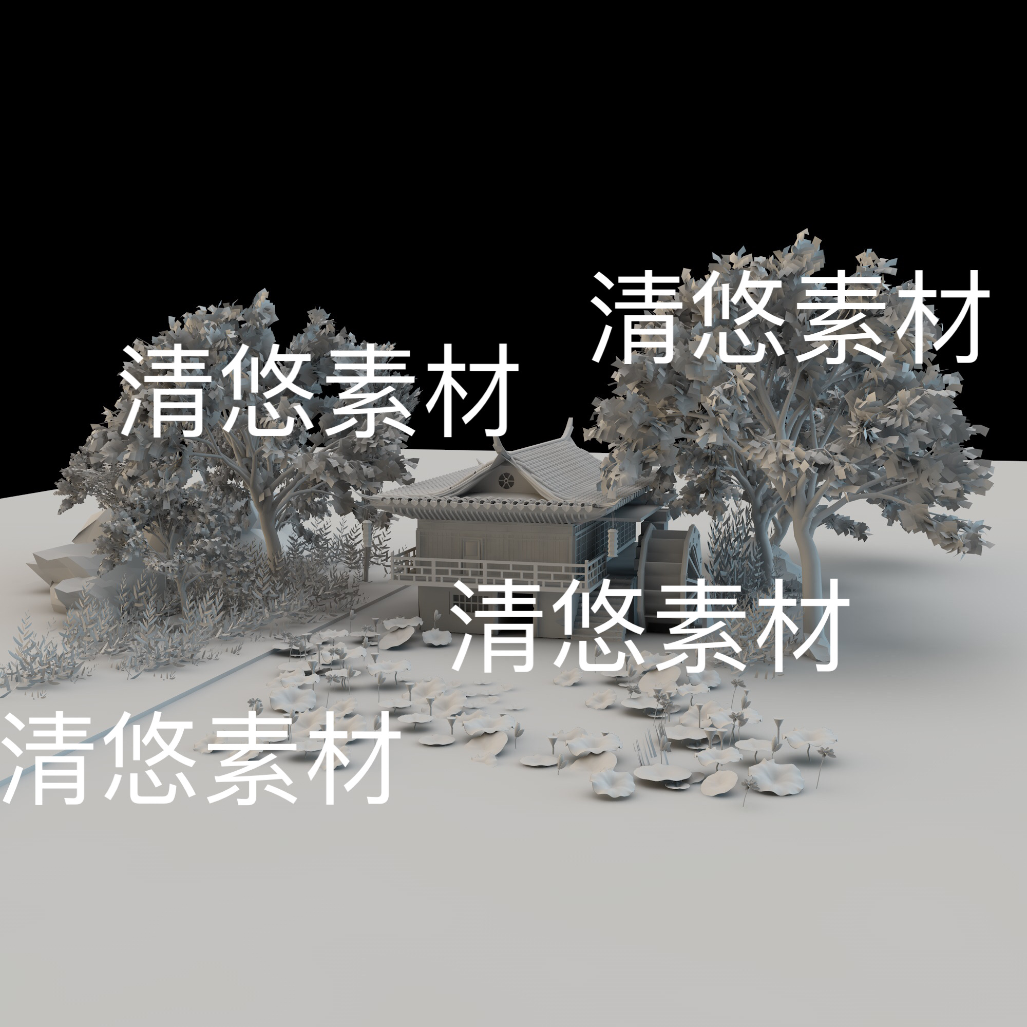 maya c4d fbx obj格式古风场景小木屋荷花树木文件 非实物D655