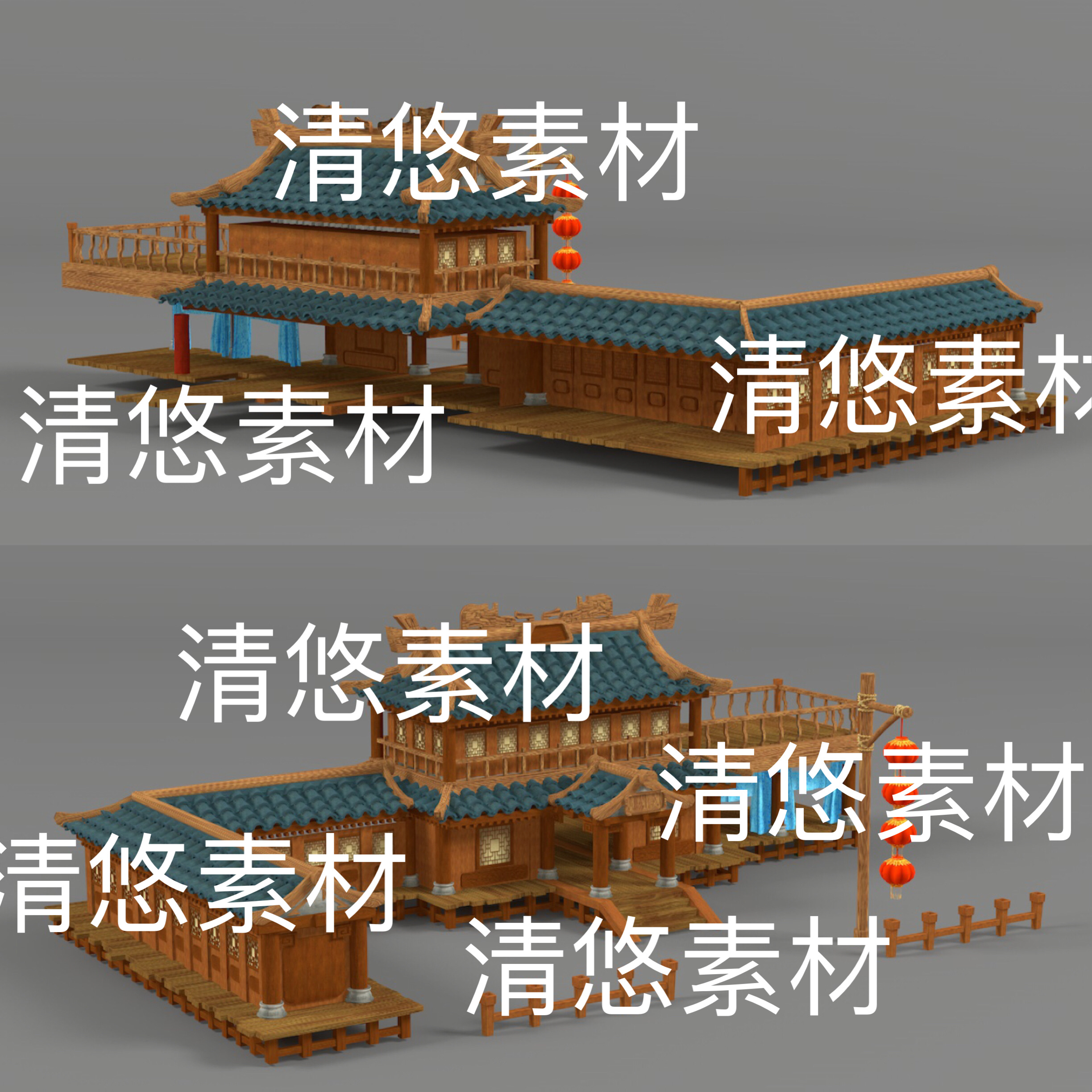 3dmax c4d fbx obj格式Q版屋顶瓦片屋檐窗户灯笼文件非实物D159