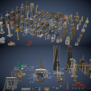 c4d fbx卡通高楼大厦建筑摩天轮塔吊篮球场牌坊A1 maya unity