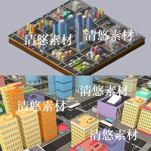obj格式 非实物A434 fbx 卡通楼房城市建筑汽车工厂别墅街道c4d