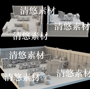 非实物B5 maya c4d fbx obj古风卡通室内大厅桌椅瓶场景模型文件