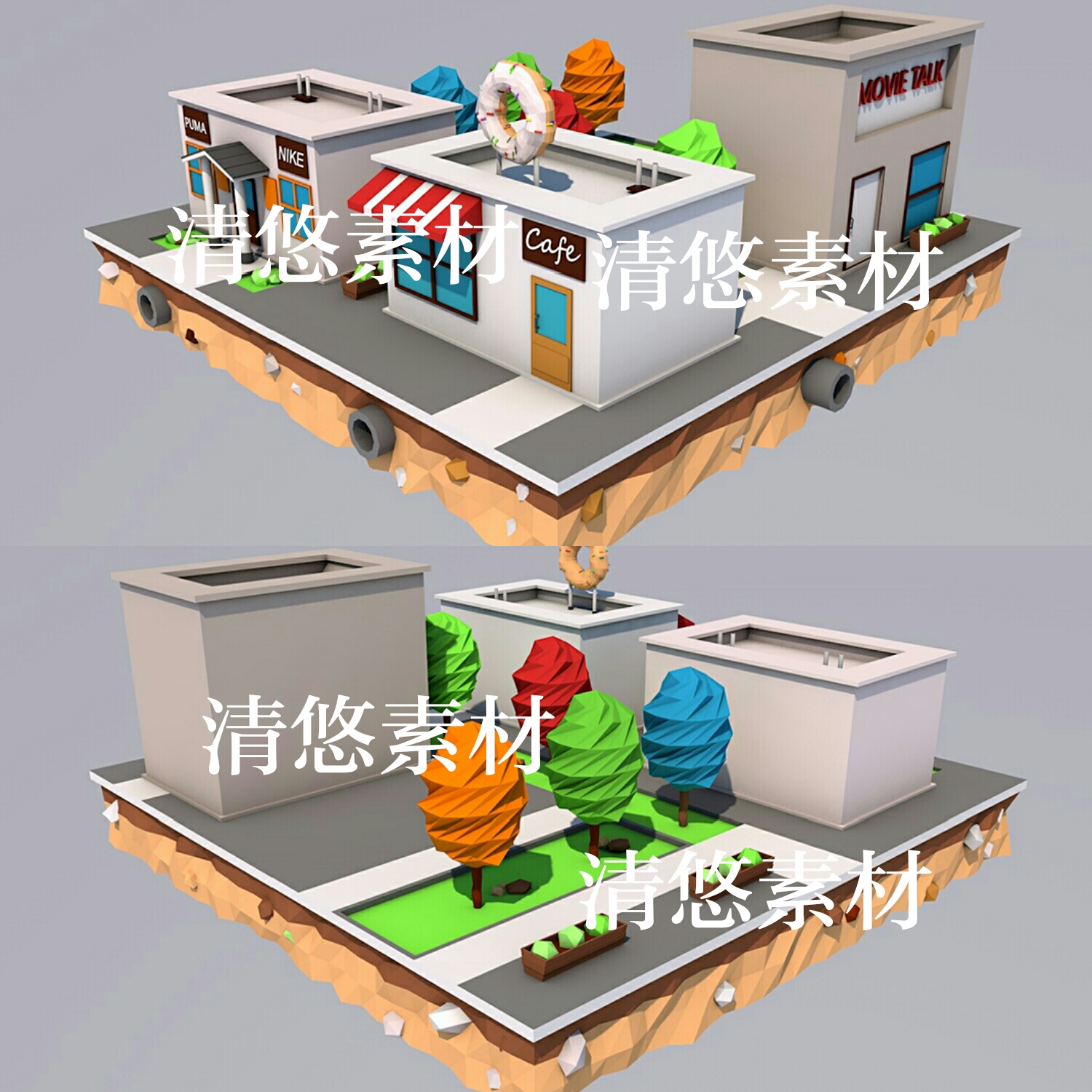 lowpoly 多边形卡通商铺场景c4d fbx obj格式模型 非实物A430