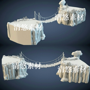 obj格式 3dmax c4d fbx 非实物A374 古吊桥木桥山石建筑古风模型