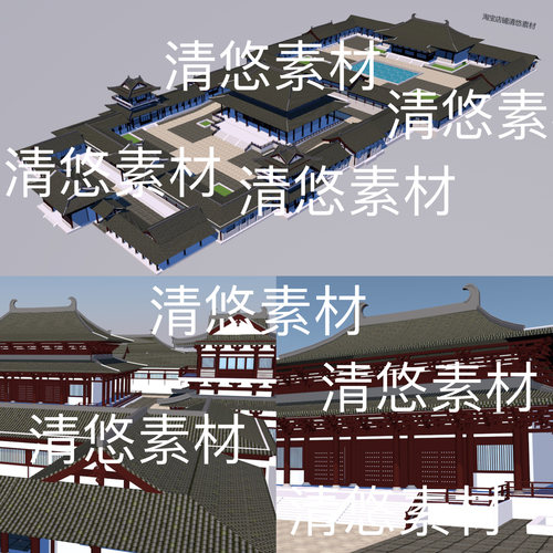 3dmax c4d fbx obj格式完整古建寺庙长廊房子场景文件 非实物B823