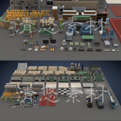 maya c4d fbx简约卡通银行办公室设施单体直升机面罩枪械模型A32