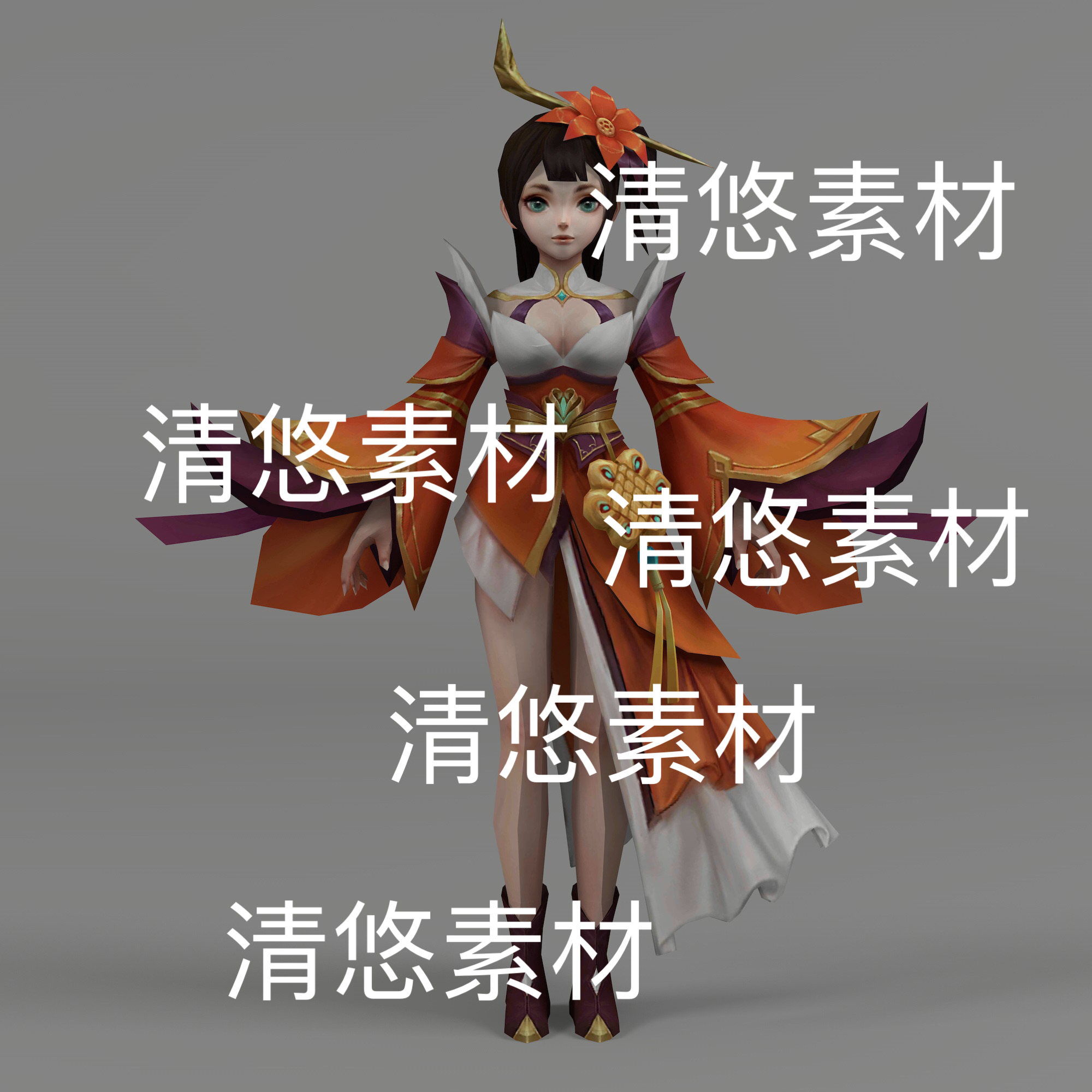 c4d fbx格式仙侠古风人物女孩npc骨骼绑定简模文件 非实物D638