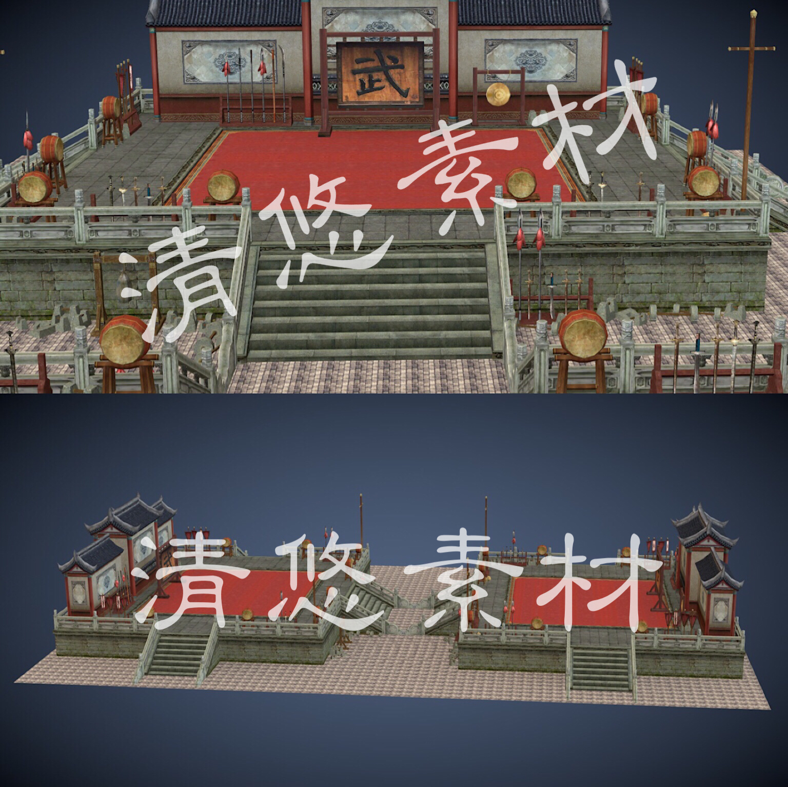 古代建筑游戏场景比武台3dmax c4d fbx格式擂台模型鼓旗帜 752