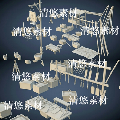3dmax c4d fbx obj古代集市摊位道具农具场景装饰文件 非实物A813