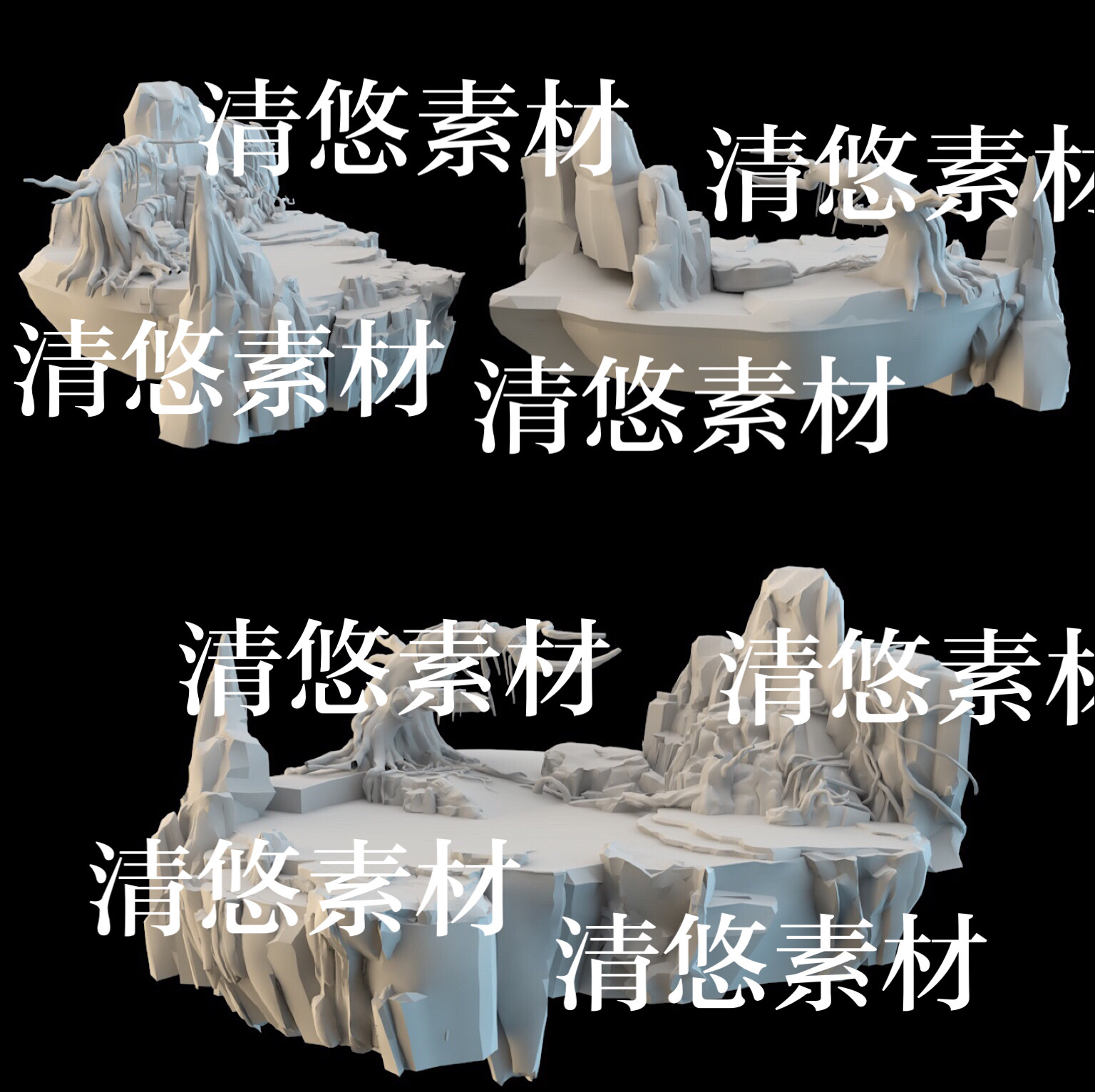 c4d fbx obj格式游戏风山石石山古树场景文件 非实物B290