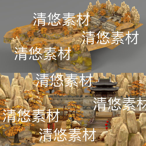 c4d fbx obj格式简模秋天古风仙侠游戏营地城门场景 非实物D286