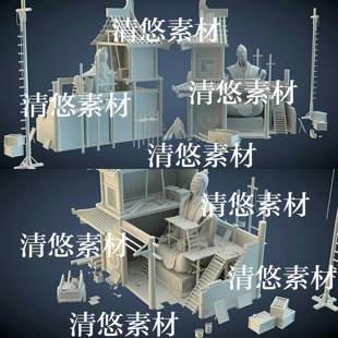 obj古代工地物件施工中 3dmax fbx 道觀房子文件 c4d 非實(shí)物A778